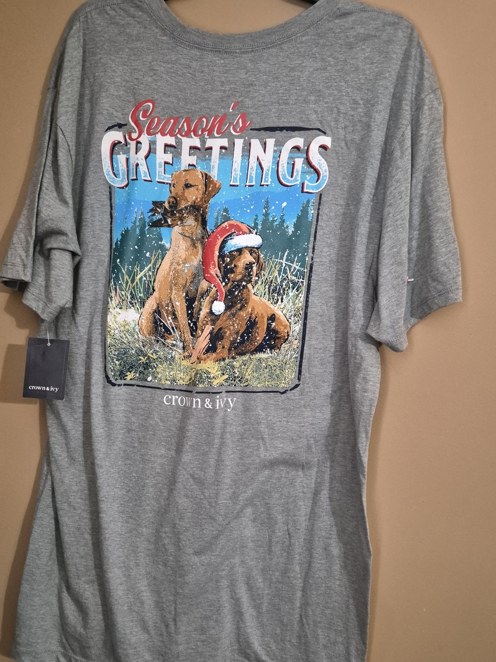 crown & ivy Grey 'Season's Greetings' Dog Graphic Tee with Brown Dogs Size Large
